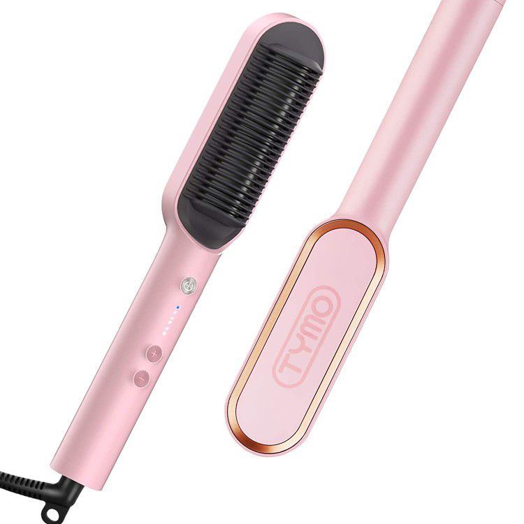 TYMO Ring Pink Hair Straightener Brush Iron with Built-in Comb 5 Temp Settings