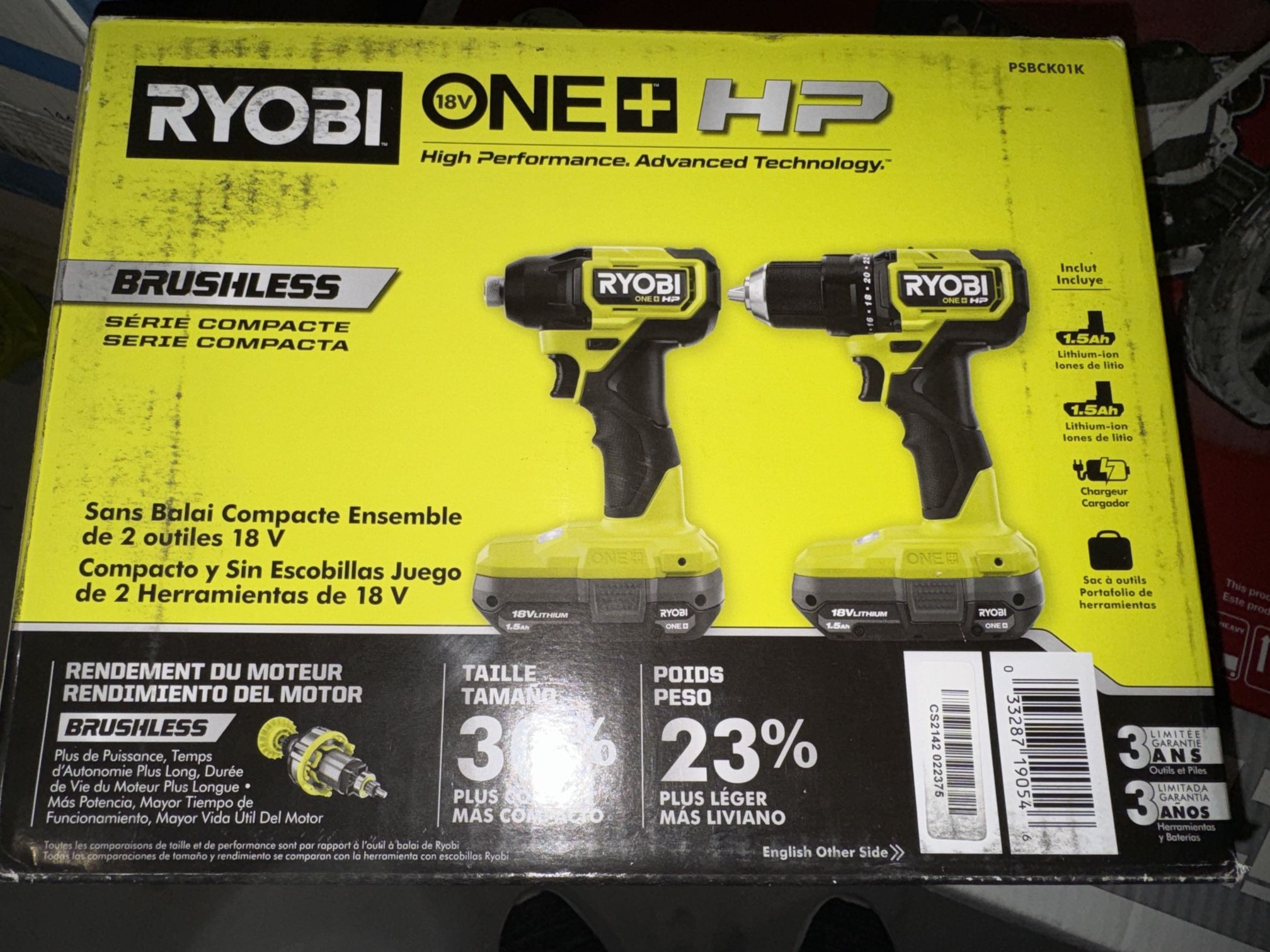 Brand New Ryobi Brushless Compact Drill, Impact Driver, Batteries, Charger, Bag Kit