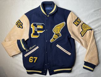 Polo Ralph Lauren Varsity Letterman Jacket 8 Patches 100% Wool Leather Size Med