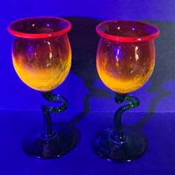 Beautiful Vintage Pair Of Ryukya Amberina Mini Wine Glasses 