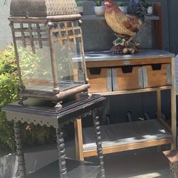 Garden Potting Table $75 Square Plant Stand Table $25 Large Metal Glass Lantern $50