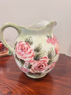 Hand Painted Floral Ceramic Pitcher / Decorative Vase