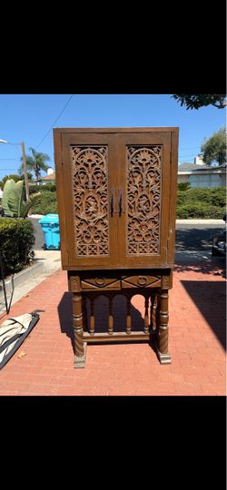 Antique Carved Wood Cabinet on Stand
