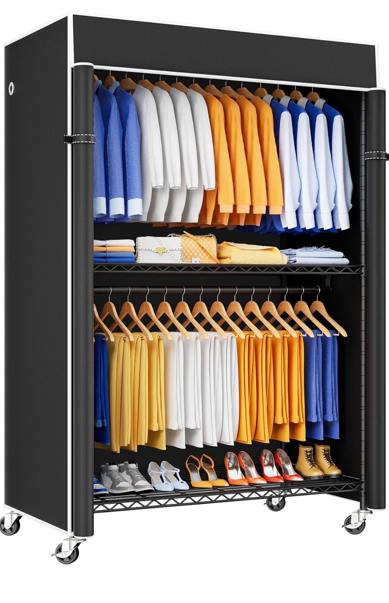 New Heavy Duty Clothes Rack(With Extended Width Design) Rolling Clothing Racks for Hanging Clothes with Lockable Wheels,51.2"W x 15.8"D x 80.5"H,Max L