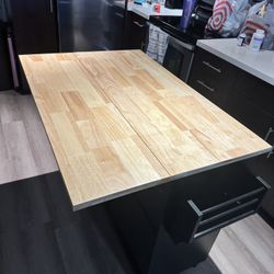 Rolling Kitchen Island With Drop Leaf, Kitchen Cart Island With Rubber Wood Top, Drawers And Trash Cabinet