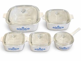Vintage Corning Ware Blue Cornflower 5 Pc Cookware Set w/ Glass Lids USA