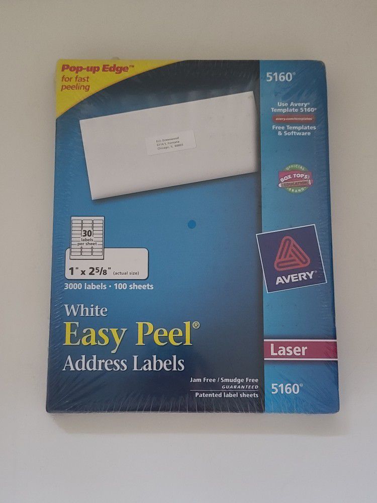 Avery Easy Peal White Address Laser Labels 1" x 2-5/8" 3000 labels, 100 sheets, 5160