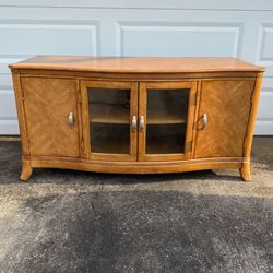 Wood TV Stand Curved Front Glass Doors Storage 61”