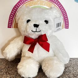 TEDDY BEAR!  WHITE FLUFFY 11 INCH BEAR WITH RED BOW / BRAND NEW !!