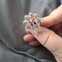 .925 Flower Ring Amethyst,  Red Ruby, Pink Quartz 