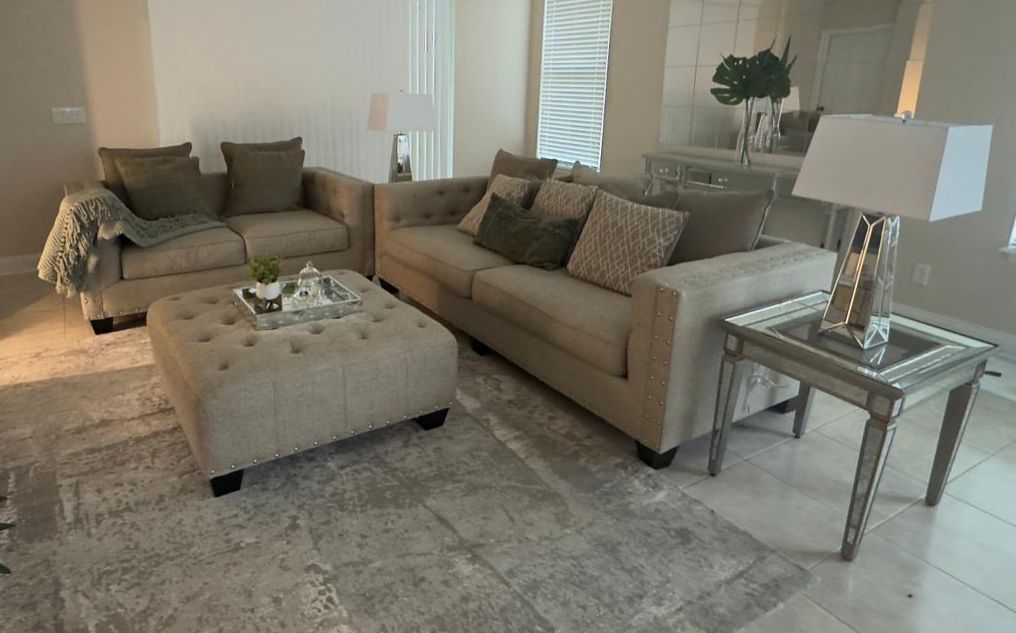 Living Room Set – Sofa, Ottoman & Rug (Great Condition)