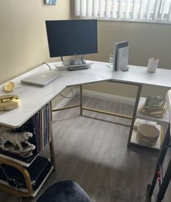 Gold and white L Shape desk