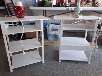 TWO WHITE3 TIER NARROW SIDE TABLES(;WITH ELECTRIC BUIKDED IN CORD)
