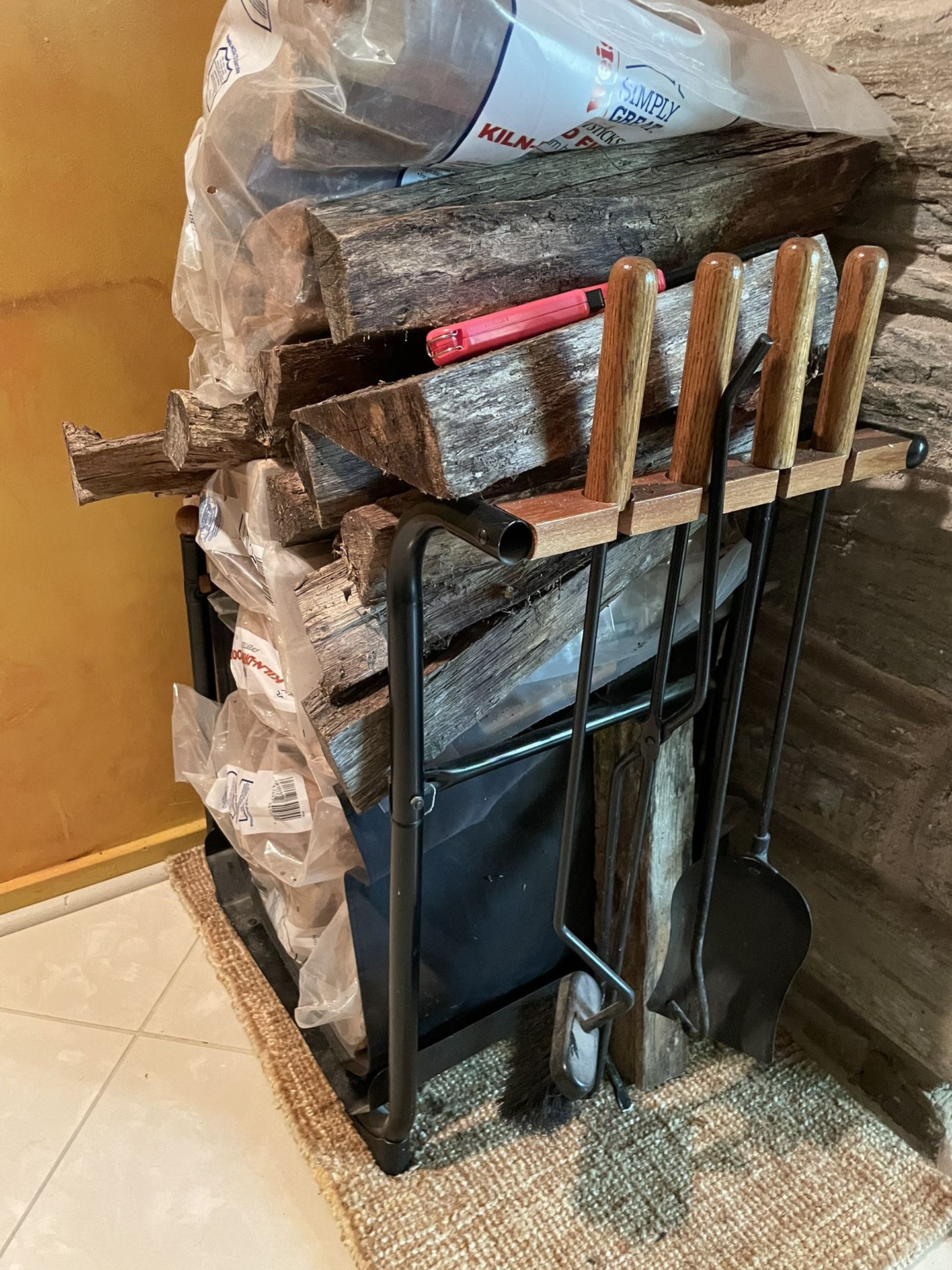 Log Holder with Fireplace Tools 