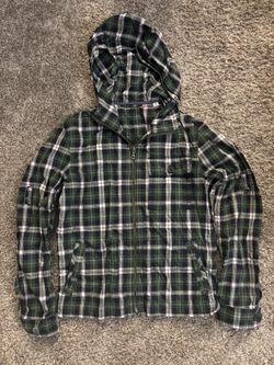 Used Uniqlo mens extra small XS plaid green zip-up hoodie with 3 pockets