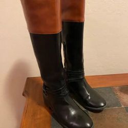Stylish black and brown faux leather boots.  ASize 7 - Medium 
