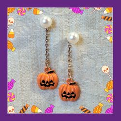 Orange enamel Pumpkin dangle drop stud earrings with silver rhinestones