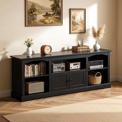 71" TV Stand for TVs up to 80 Inch,Modern Farmhouse Entertainment Center with Arched Cabinet Doors & Open Adjustable Storage Shelves,Media Console Tab