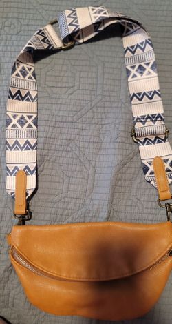 Tan Leather Crossbody Bag with Patterned Strap