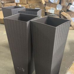 Greesum 32 Inch Tall Plastic Planters with Rattan Texture – Set of 2, Detachable Inner Pot & Drainage Holes, Indoor/Outdoor Decorative Flower Pots for