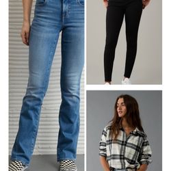 Women’s American Eagle Bundle Jeans 10 Short & Flannel XS New
