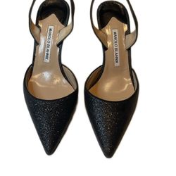 Manolo Blahnik Black Glitter Slingback Heels – Size 38 