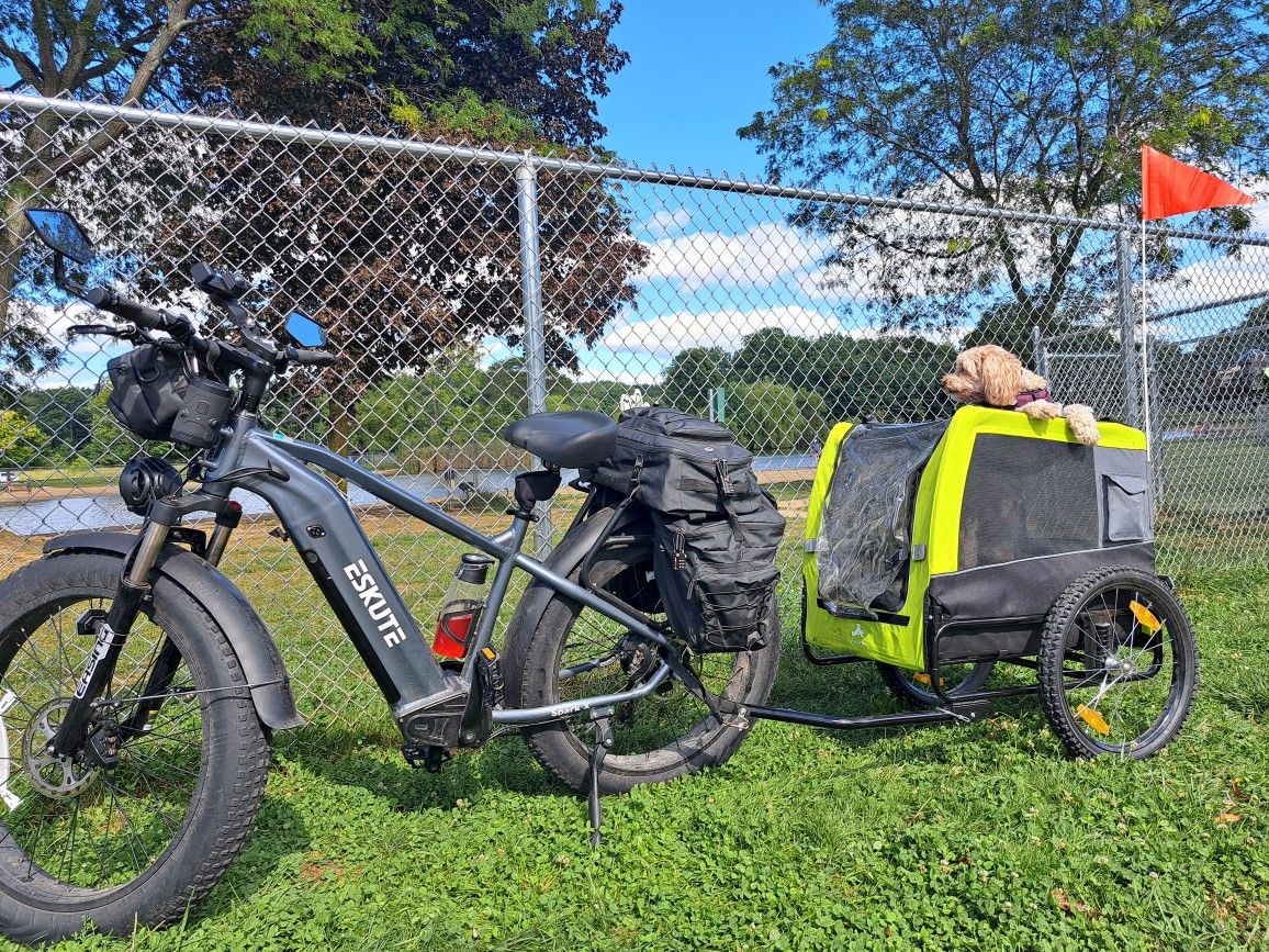 2023 26" Eskute Spark X E-bike with Extra Batteries, Dog Trailer, and Accessories