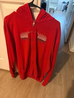 Red Zip-Up Hoodie with Graphic Embroidery