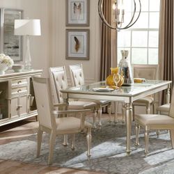 VINTAGE GLAM SILVER FINISH 7 PIECE DINING TABLE SET COMEDOR MESA SILLAS