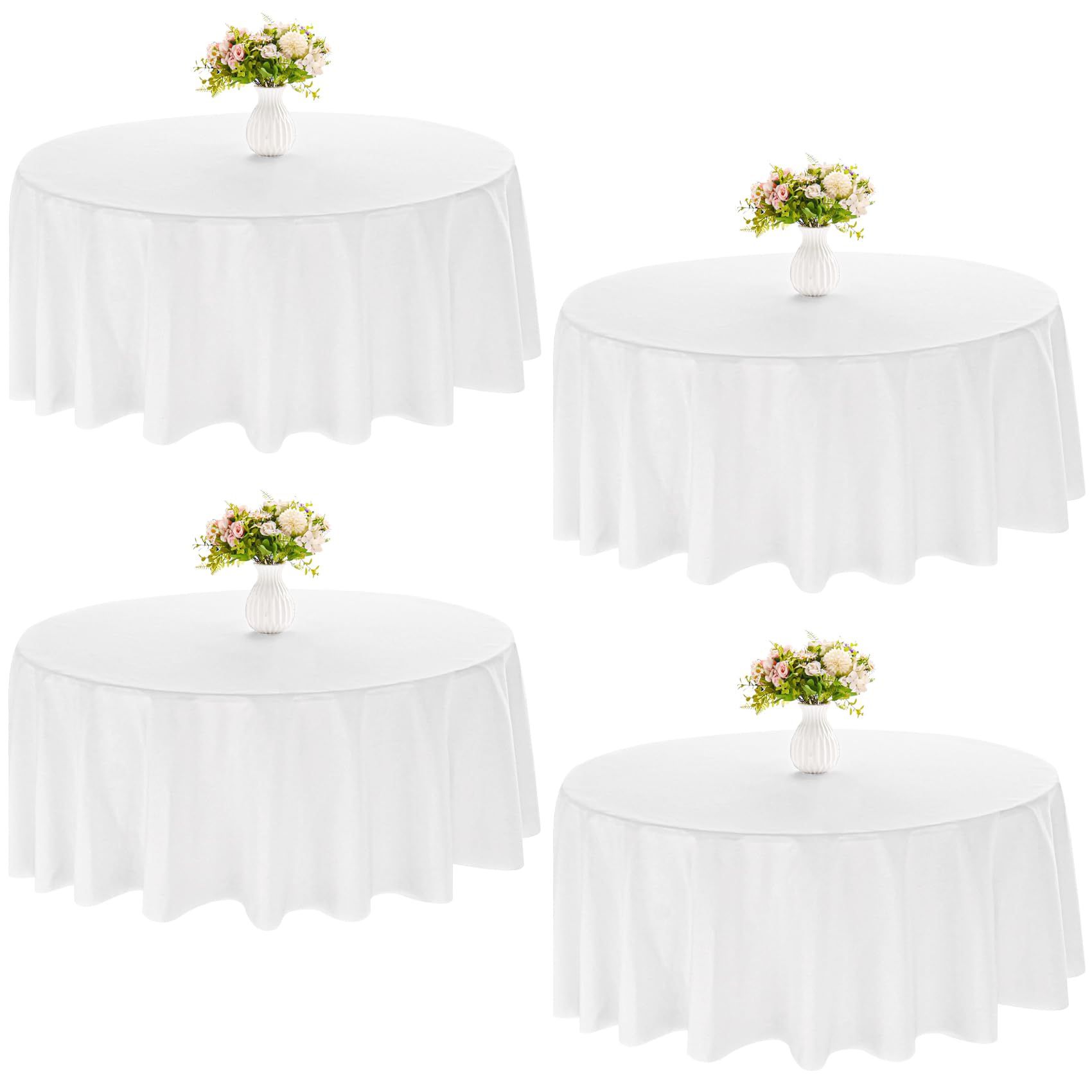 JALANCY 4 Pack 120 Inch White Polyester Round Table Cloth Washable Fabric Table Covers For Wedding Dining Table Buffet Parties Banquet Decor