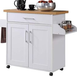 Hodedah Kitchen Island with Spice Rack, Towel Rack & Drawer, White with Beech Top, 15.5 × 35.5-44.9