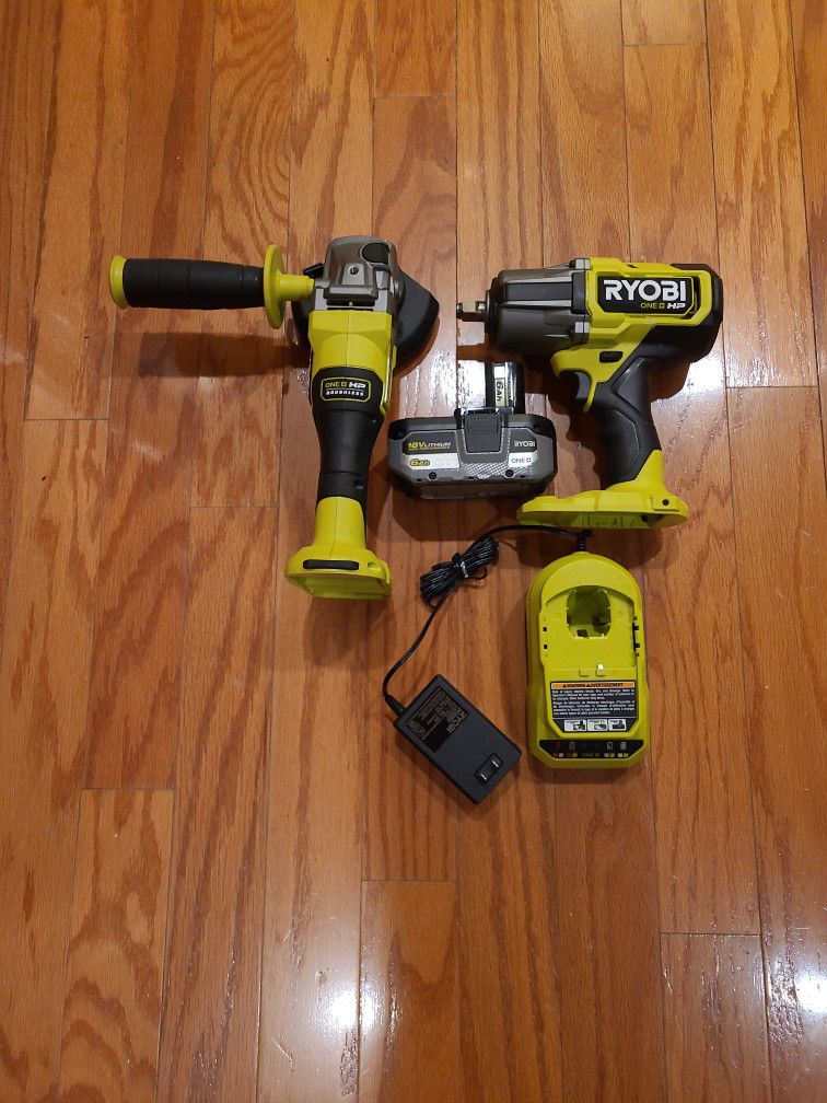 Ryobi 18V 'HP' 1/2" High Torque Impact Wrench, 4 1/2" Angle Grinder, Battery, Charger