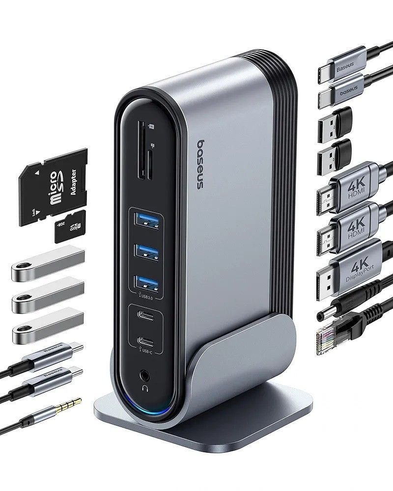 Baseus 17-in-1 Laptop Docking Station 3 Monitors with 4K HDMI+DP, USB C Docking Station with 7 USB, 1000Mbps Ethernet, 100W PD, Card Readers Compatibl