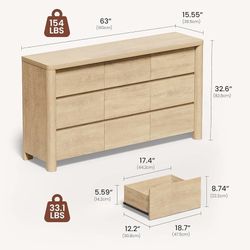 9 Drawer Dresser for Bedroom, 63" Wide Wooden Dresser with 3.1" Solid Rounded Legs, Heavy Duty Modern Wood Chest of Drawers, Large Storage Organizer f