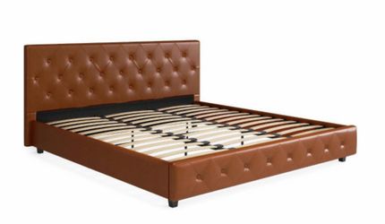 DHP DAKOTA UPHOLSTERED PLATFORM BED, KING, CAMEL FAUX LEATHER (2 BOXES) NEW IN BOX
