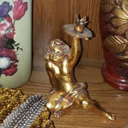 VINTAGE ITALIAN GOLD GILT GILD FLORENTINE CHERUB ANGEL CANDLESTICK CANDLE HOLDER CANDELABRA DECOR 