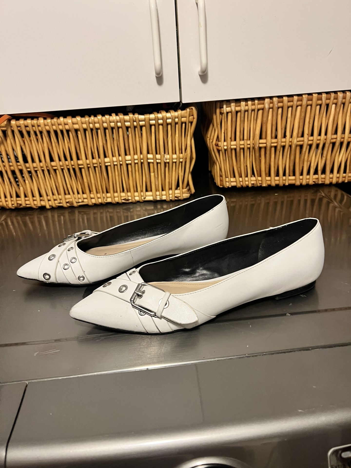 Nine West White Buckle Flats