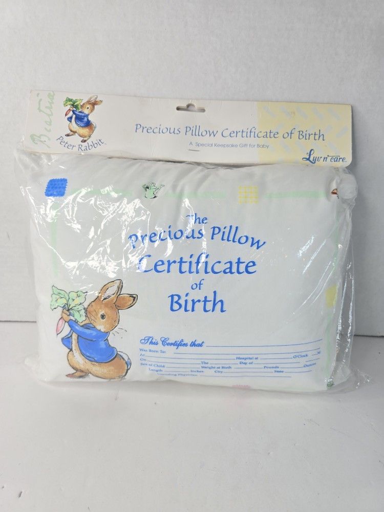 NWT Peter Rabbit Frederick Warne Birth Certificate Nursery Baby Pillow 2001