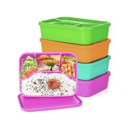 (9999-121) Ziliny 4 Pcs Silicone Bento Box Reusable Lunch Container Smooth Leak Proof Lunch Box Rectangle Bento Boxes for Adult Work Travel Food Meal 