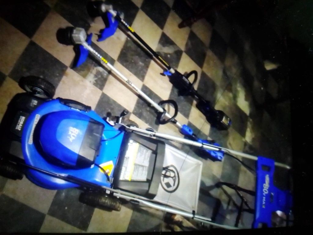 Kobalt 80 volt Self Propelled Low Mower, 16"Straight Shaft Weed Wacker, Weedwacker Interchangeable Head
