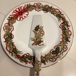 “Christmas  Garland” 10” Porcelain  CakePlate and Server Set Andrea by Sadek (perfect condition)