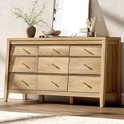 9 Drawers Dresser for Bedroom, 59" Wide Wood Chest of Drawers with Charging Station & Beveled Design, Mid Century Triple Long Dresser Storage Organize