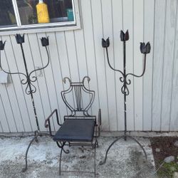 Antique Wrought Iron  And Brass Folding Chair And Candelabras