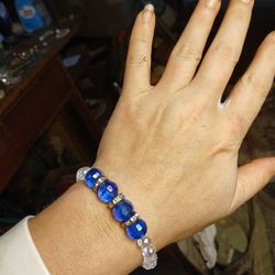 blue and clear glass beaded stretch bracelet with rhinestone spacers