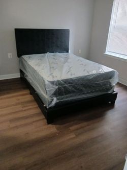 New stock full size black bed frame with mattress and box spring