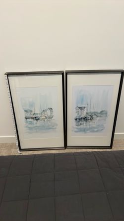 2 X  35“ x  21” inch pewter, metal& glass  framed ship art