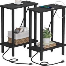 TUTOTAK Pair of 22.5” Narrow Side Table with Charging Station, Black