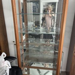 Mid Century Modern Beveled Glass Edge Solid Vintagewith Two Interior Accebt Down Lights Oak Curio Cabinet