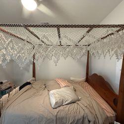 Stunning Queen Oak Bed Frame With Hand Crocheted Canopy