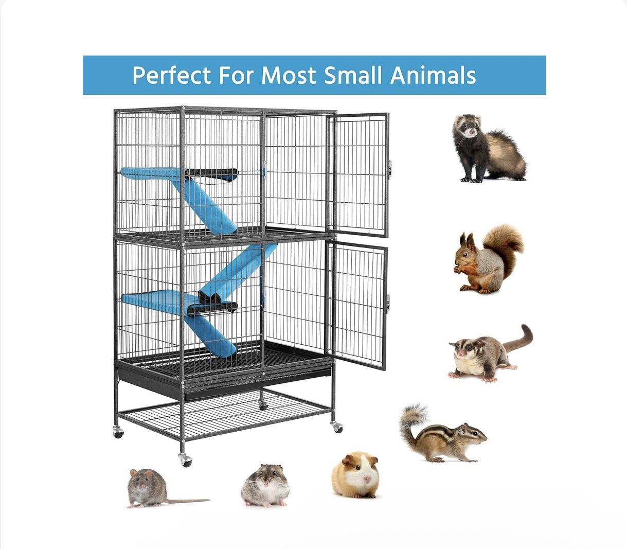 52-inch Ferret Cage 6 Level Metal Rat Cage with 3 Front Doors/Feeder/Wheels Small Animal Cage for Ferret/Chinchilla/Bunny/Rabbit/Squirrel, Black
